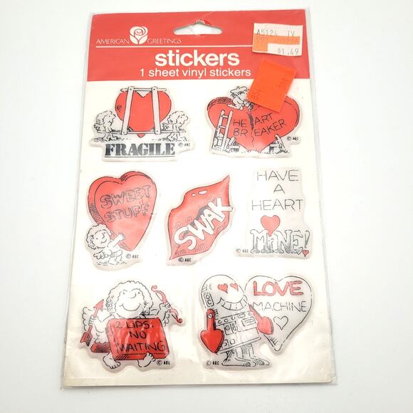 Vintage Puffy Stickers Love Valentines Day Robot SWAK Hearts American Greetings - Picture 1 of 7